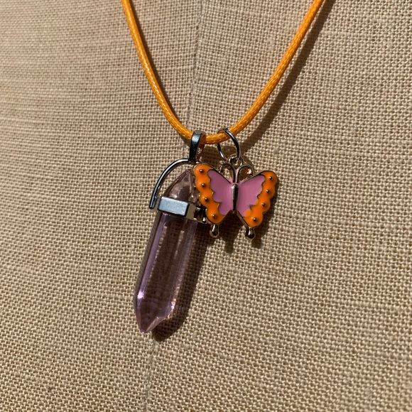 Handmade Dagger Light Pink Resin Crystal Amulet Necklace & Butterfly Charm - Picture 5 of 9